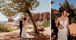 A bride and groom pose at their wedding in Sedona, Arizona.