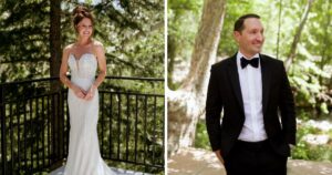 A bride and groom pose at their wedding in Sedona, Arizona.