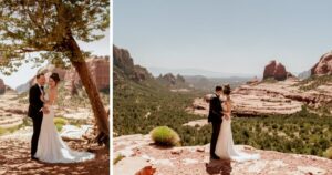 A bride and groom pose at their wedding in Sedona, Arizona.