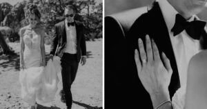 A bride and groom pose at their wedding in Sedona, Arizona.