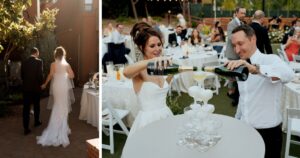 A bride and groom pose at their Sedona wedding reception at Amara Resort.