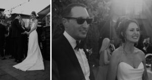 A bride and groom pose at their Sedona wedding reception at Amara Resort.