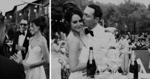 A bride and groom pose at their Sedona wedding reception at Amara Resort.