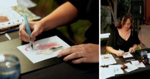 A watercolor artist works at a Sedona wedding reception at Amara Resort.