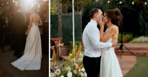 A bride and groom pose at their Sedona wedding at Amara Resort.