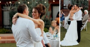 A bride and groom pose at their Sedona wedding reception at Amara Resort.