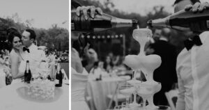 A bride and groom pose at their Sedona wedding reception at Amara Resort.