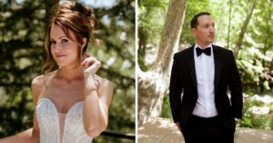 A portrait of a bride and groom at their wedding in Sedona, Arizona.