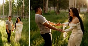 A couple pose in a field in Flagstaff, one of the 5 best summer engagement session locations in Arizona