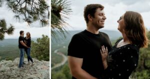 A couple pose at an overview at Mogollon Rim in Arizona