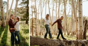 A couple pose in a forest in Flagstaff, one of the 5 best summer engagement session locations in Arizona