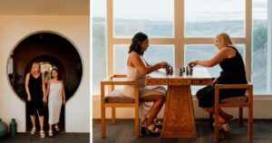 A couple poses indoors at Arcosanti, one of the 5 best summer engagement session locations in Arizona