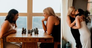 A couple poses indoors at Arcosanti, one of the 5 best summer engagement session locations in Arizona