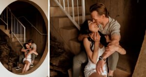 A couple poses indoors at Arcosanti, one of the 5 best summer engagement session locations in Arizona