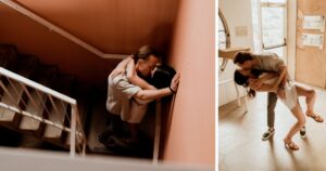 A couple poses indoors at Arcosanti, one of the 5 best summer engagement session locations in Arizona