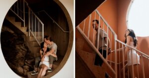 A couple poses indoors at Arcosanti, one of the 5 best summer engagement session locations in Arizona