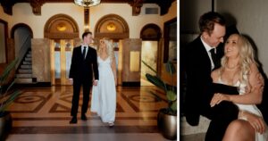 A couple poses indoors at the Luhrs Tower in downtown Phoenix.