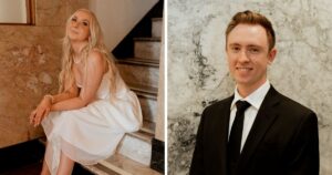 A couple poses indoors at the Luhrs Tower in downtown Phoenix.