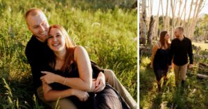 A couple pose in a field in Flagstaff, one of the 5 best summer engagement session locations in Arizona