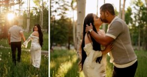 A couple pose in a forest in Flagstaff, one of the 5 best summer engagement session locations in Arizona