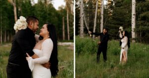 A couple pose in a forest in Flagstaff, one of the 5 best summer engagement session locations in Arizona