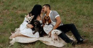 A couple pose in a field in Flagstaff, one of the 5 best summer engagement session locations in Arizona