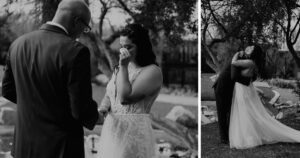 A bride and groom share a first look at Wildhorse Ranch.