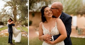 A bride and groom pose at their Tucson wedding at Wildhorse ranch.