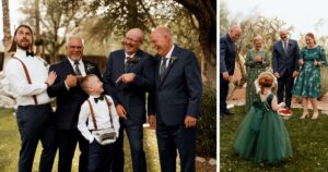 A groom poses with his groomsman at his wedding at Wildhorse ranch.