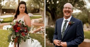 A bride and groom pose at their Tucson wedding at Wildhorse ranch.