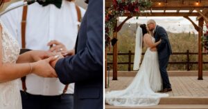 A bride and groom pose at their Tucson wedding at Wildhorse ranch.