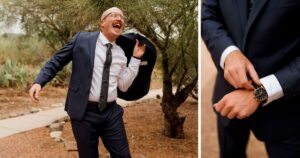 A groom poses at his Tucson wedding at Wildhorse Ranch. 