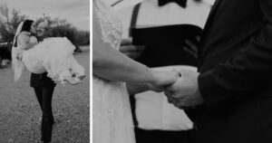 A bride and groom pose at their Tucson wedding at Wildhorse ranch.