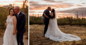 A bride and groom pose at their Tucson wedding at Wildhorse ranch.