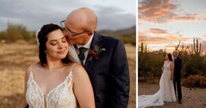 A bride and groom pose at their Tucson wedding at Wildhorse ranch.