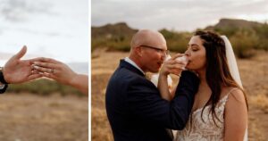 A bride and groom pose at their Tucson wedding at Wildhorse ranch.