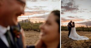 A bride and groom pose at their Tucson wedding at Wildhorse ranch.