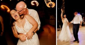 A bride and groom dance at their wedding reception at Wildhorse ranch.