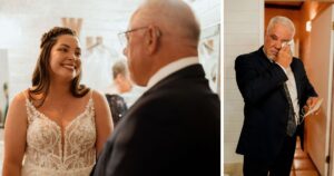 A bride and her father share an emotional moment at her wedding at Wildhorse Ranch. 