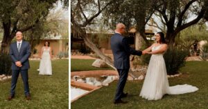 A bride and groom share a first look at Wildhorse Ranch.