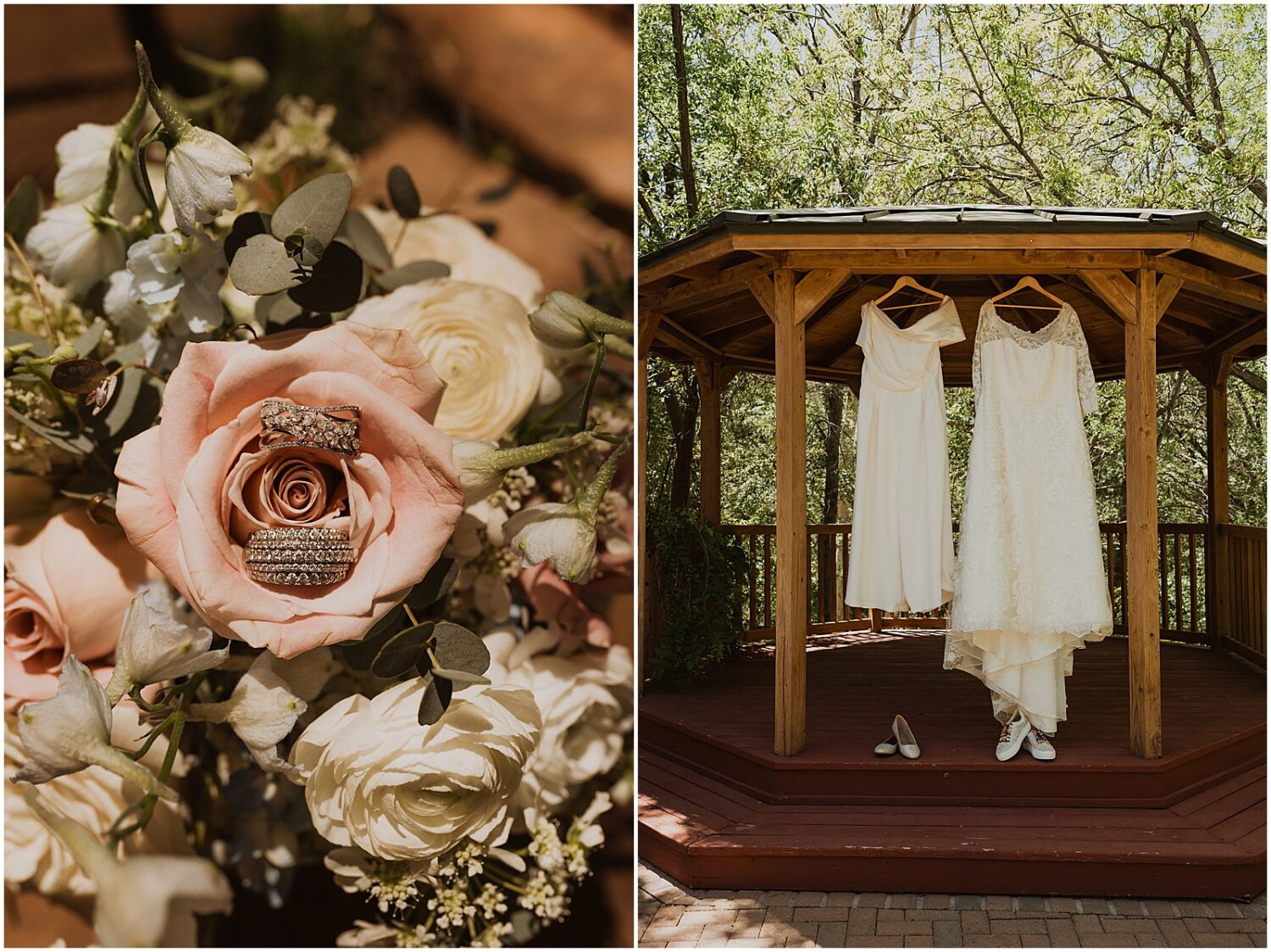 Two wedding dresses hang from a gazebo at the Creekside Inn Sedona.