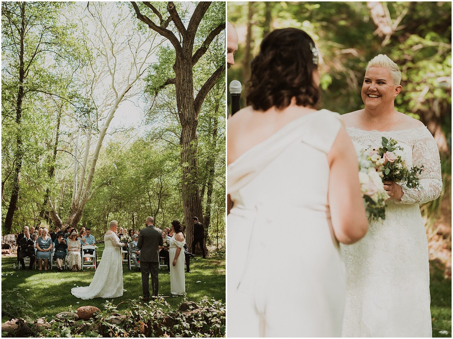 Two brides smile during a wedding ceremony at Creekside Inn.