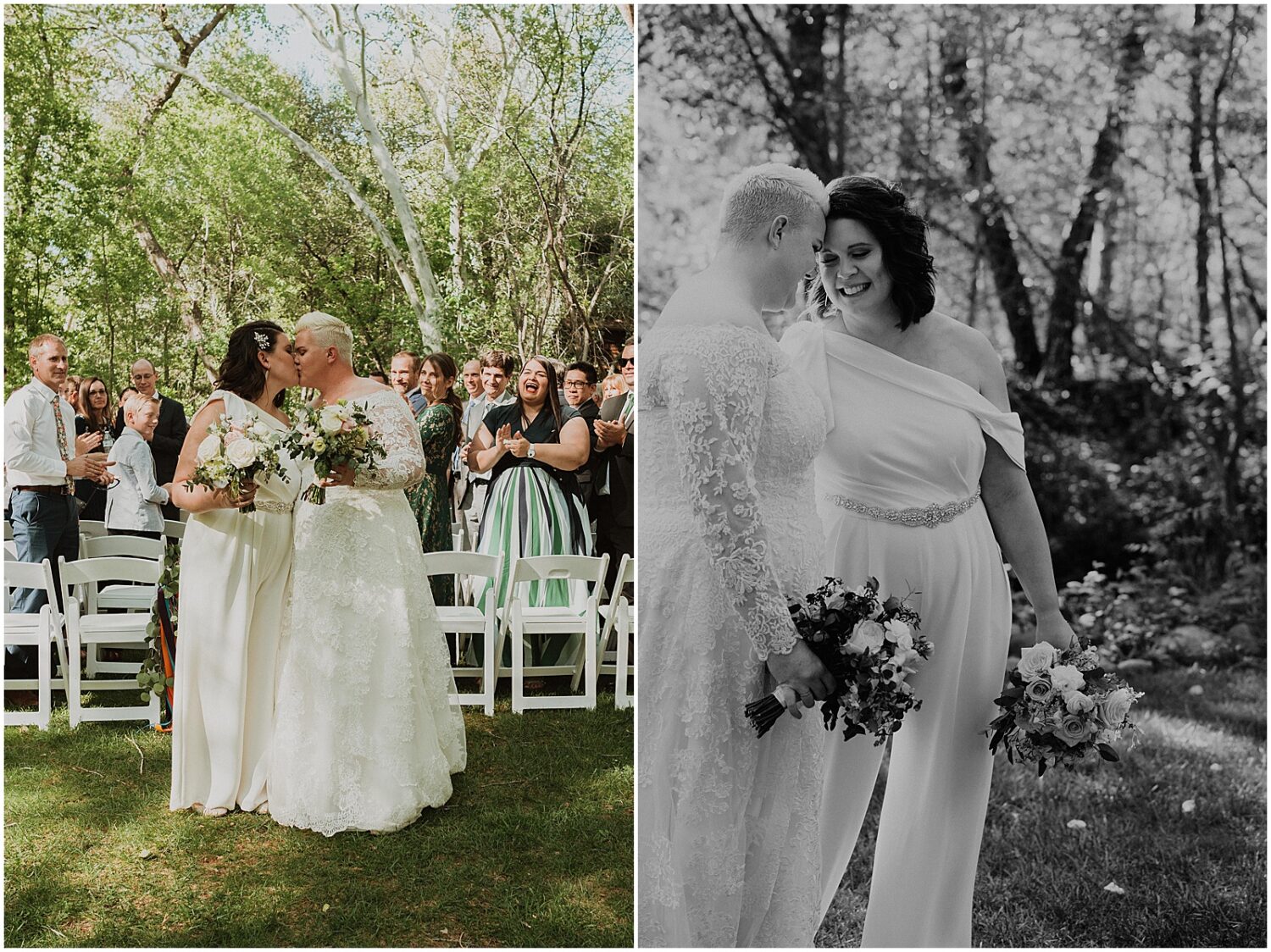 Two brides kiss at the end of their recessional at the Creekside Inn Sedona.