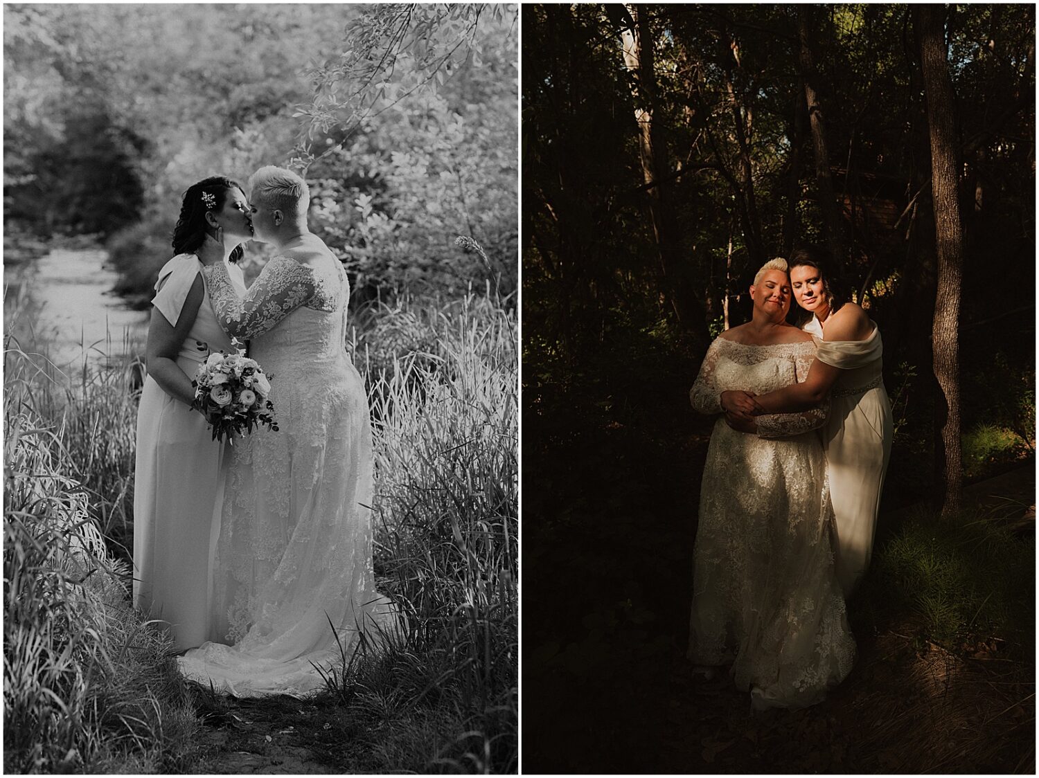 Two brides pose in a patch of sunlight at a Sedona wedding.