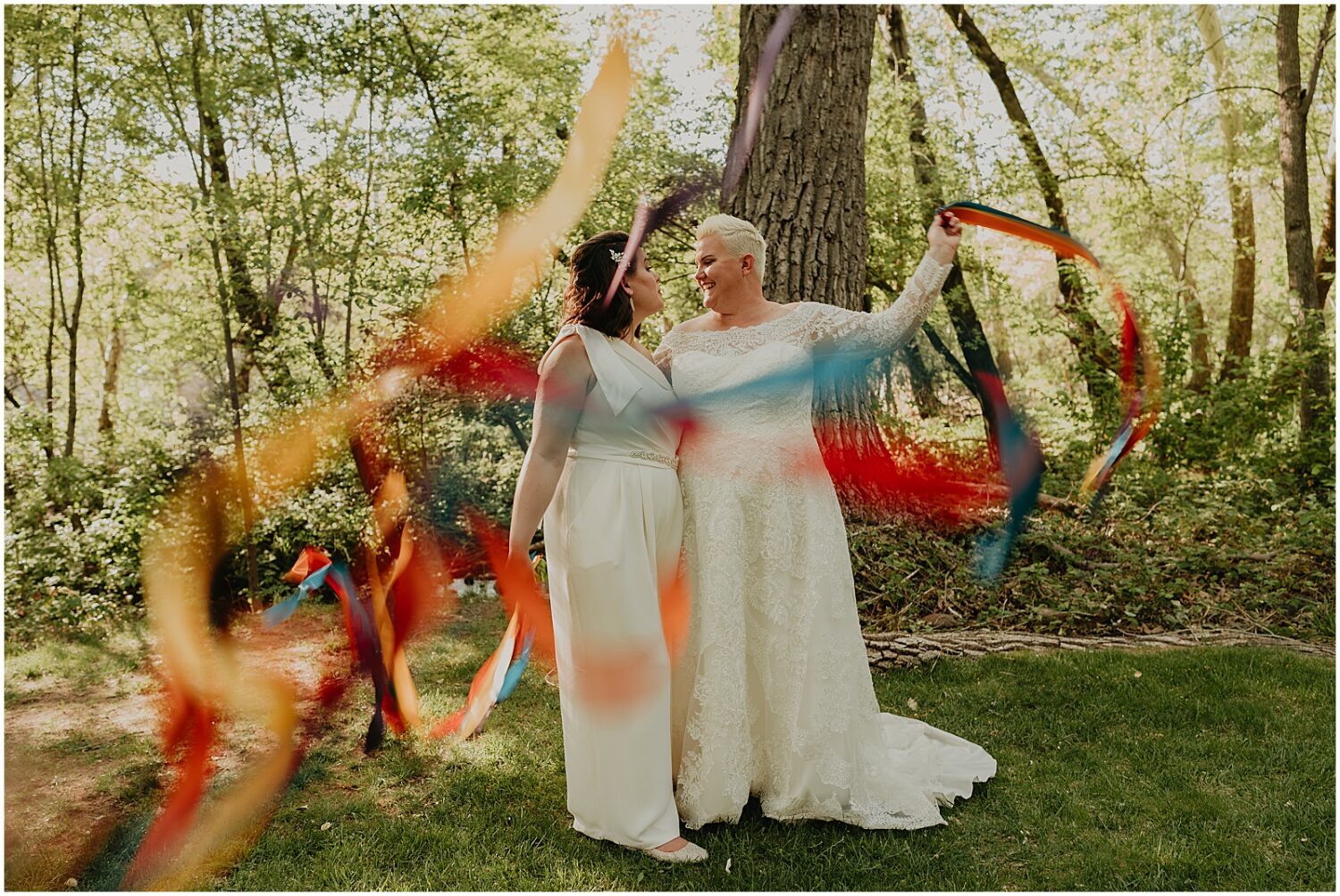 Two brides enter their wedding reception at the Creekside Inn Sedona.