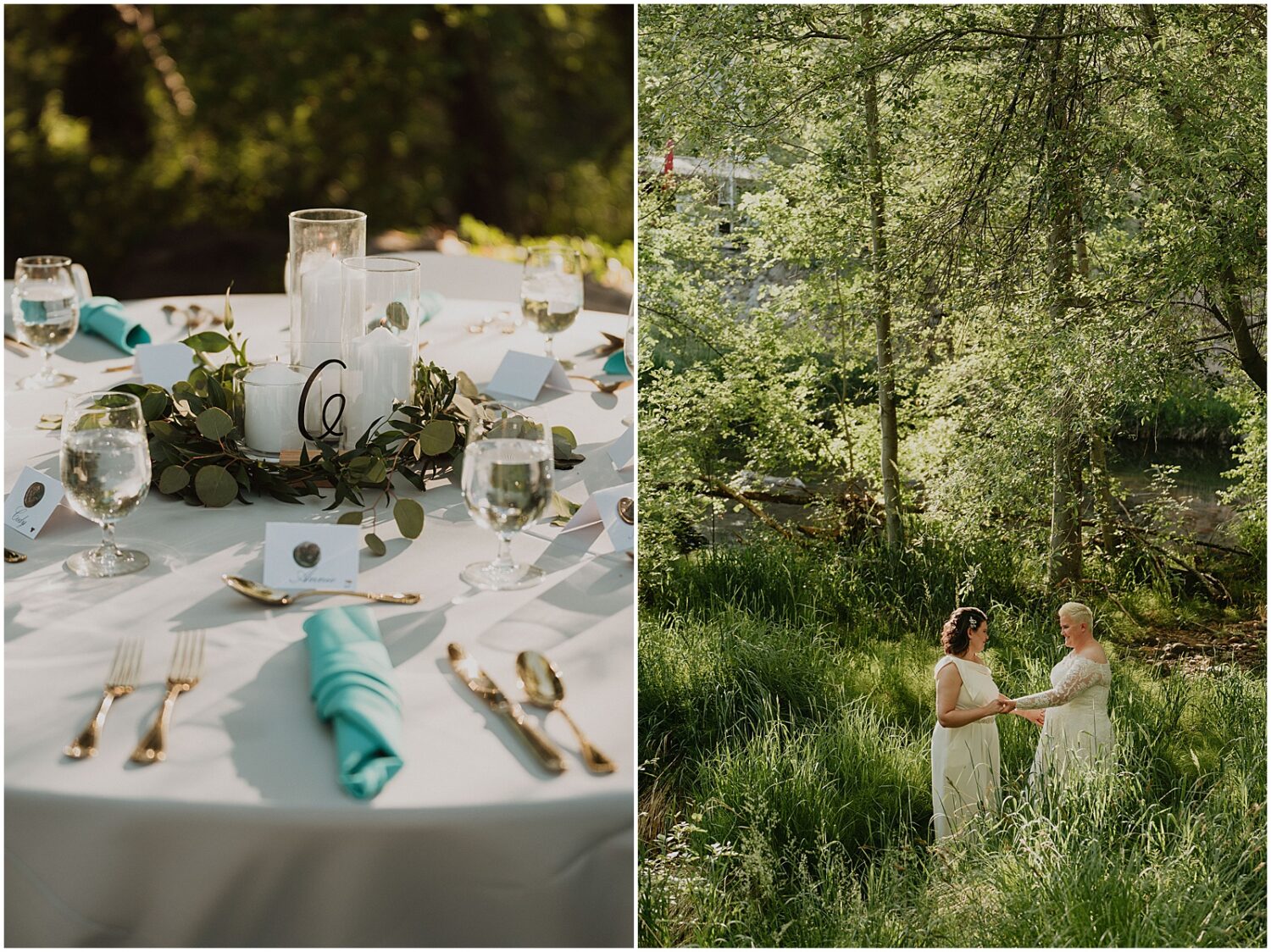 Two brides hold hands in a field in Sedona.