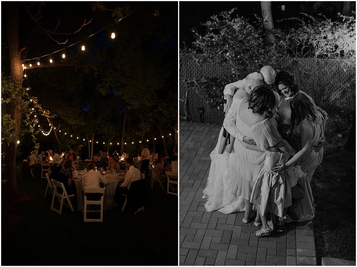 A bride shares a group hug with wedding guests.