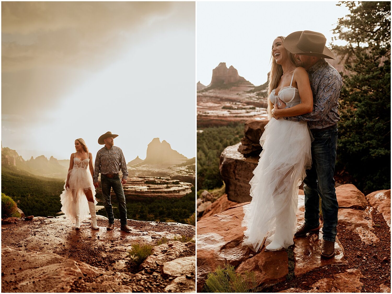 A man kisses a woman's cheek in Sedona engagement photos.