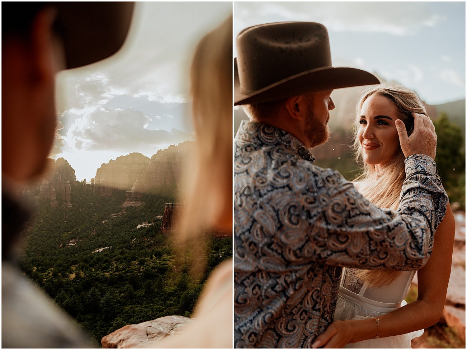 A man and woman look out over Sedona on a sunny day.