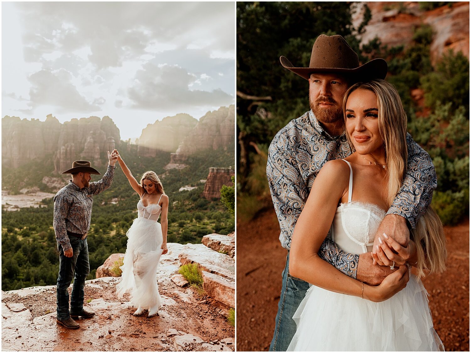 A man puts his arms around his fiancee in Sedona engagement photos.